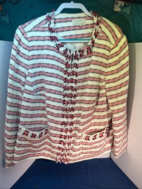 Talbots Ivory, Pink and Black Striped Tweed Fringe Jacket